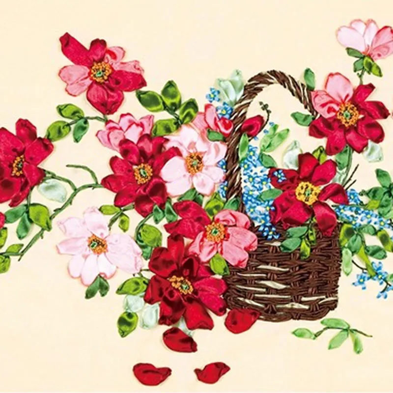 

50X60cm Flower Baskets DIY Ribbon Embroidery Fashion 3d Print Cross Stitch Kit Needlework Unfinished Wall Painting Craft Gift