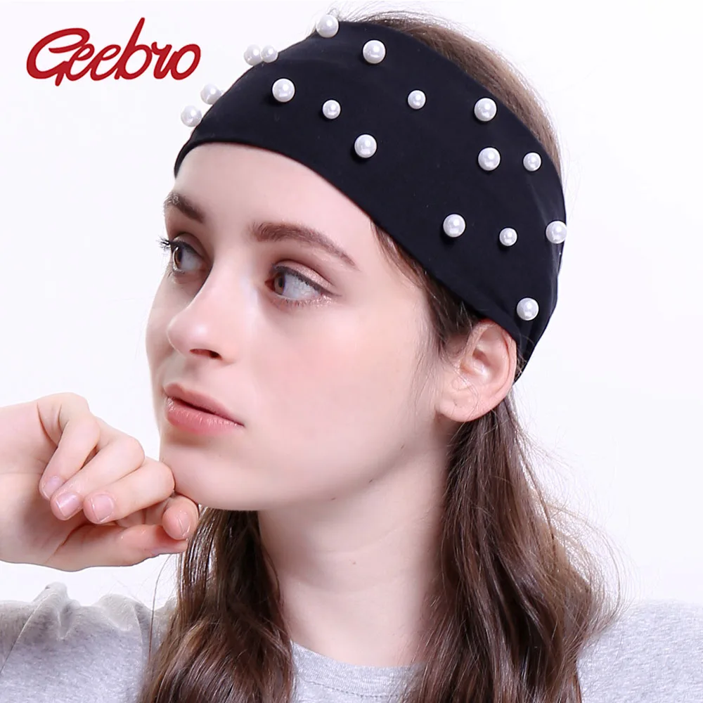 

Geebro Women's Plain Stretch Headbands Fashion Cotton Pearls Elastic Flat Headband For Girls Shine Pearl Hair Band DQ501A