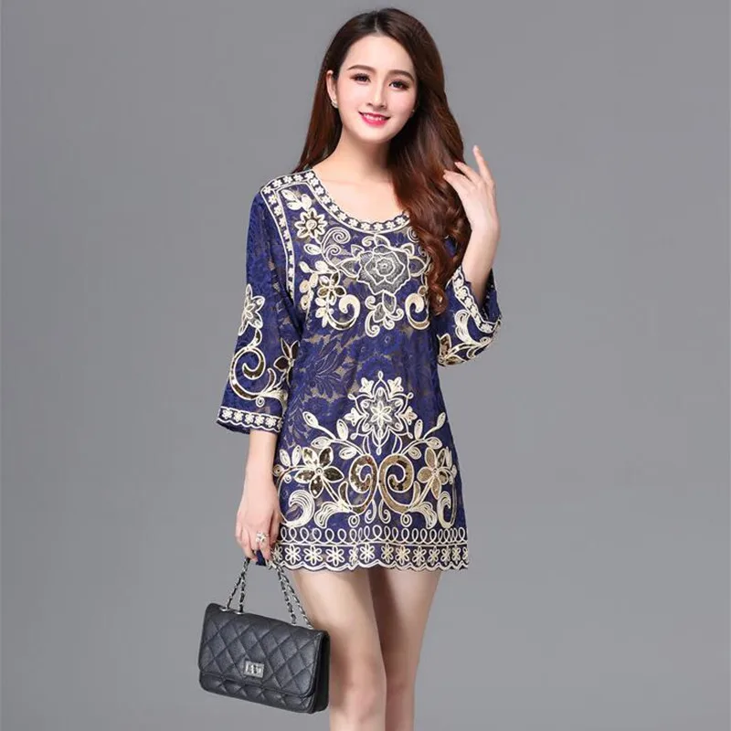 

Plus Size Vintage Embroidery Geometric Three Quarter O-neck Black Long Spring Autumn Summer Women T Shirt