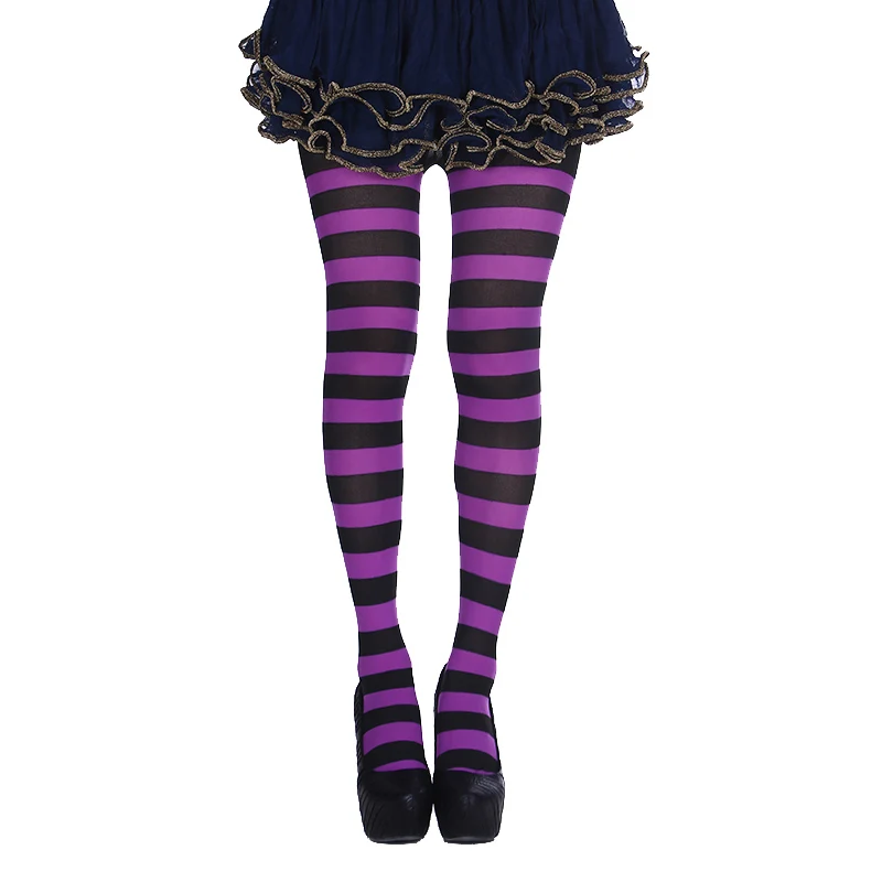 Purple black Женские всесезонные модели, Длинные чулки, женские полосатые колготки на Хэллоуин, модные сексуальные блестящие колготки для вечеринки, medias - Цвет: Purple black