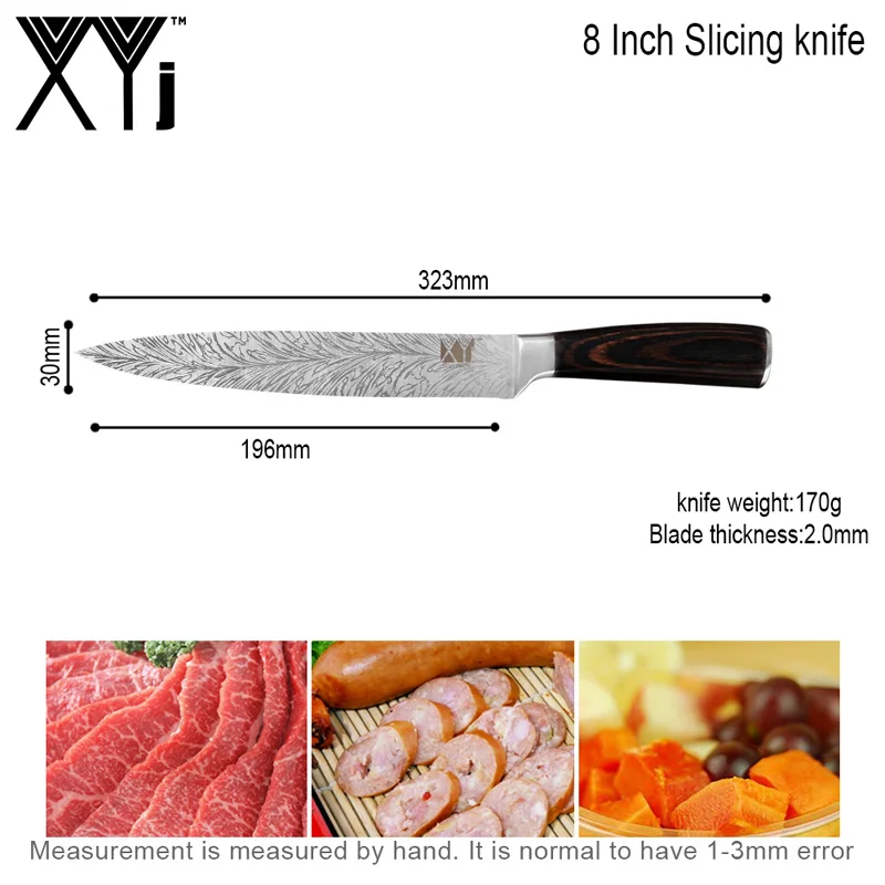 J.8 slicing knife XYj 8 шт. набор ножей из нержавеющей стали дамасский узор острый 7cr17 лезвие Нескользящая деревянная ручка мясной нож шеф-повара кухонный аксессуар - Цвет: J.8 slicing knife