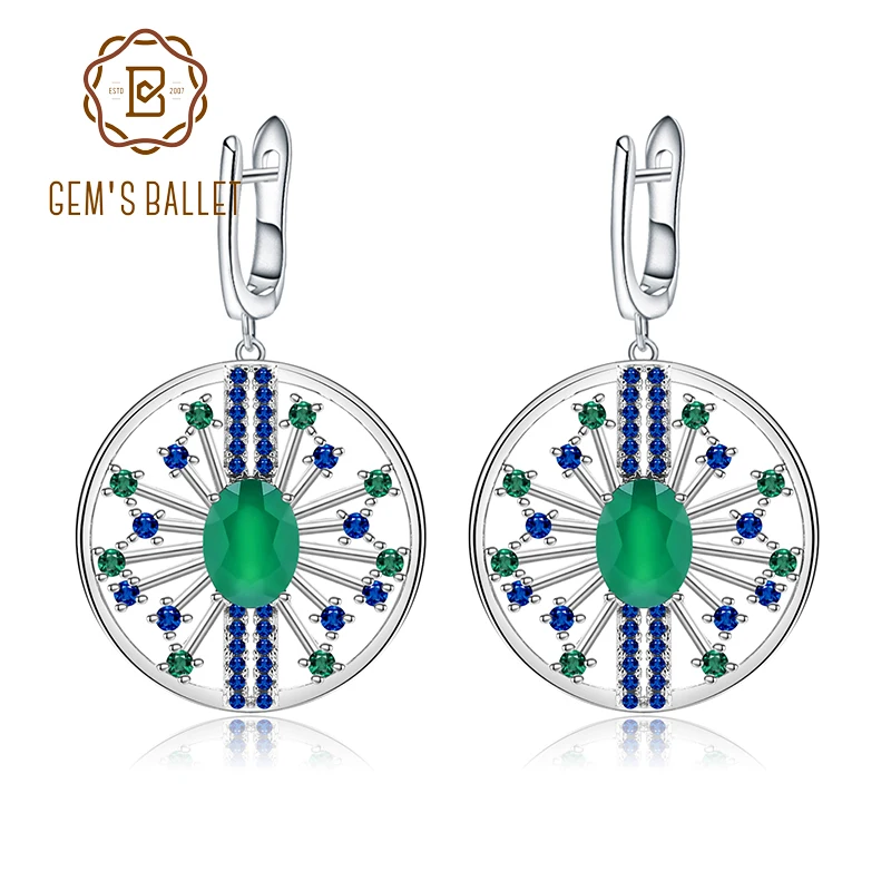 

GEM'S BALLET 925 Sterling Sliver Vintage Palace Drop Earrings 2.58Ct Round Natural Green Agate Earrings For Women Fine Jewelry