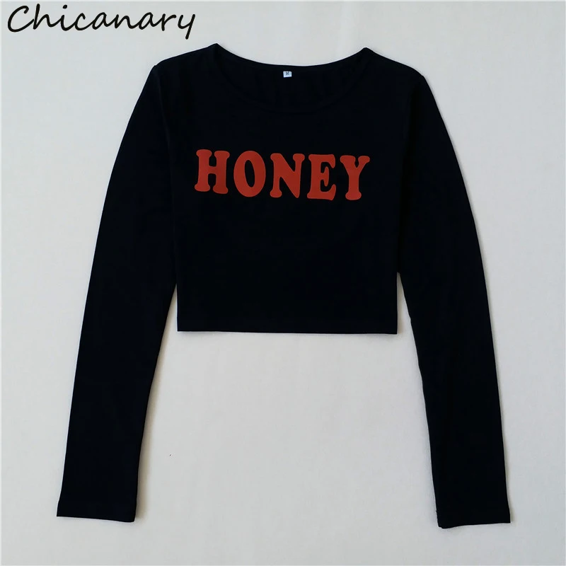 Chicanary 2018 HONEY Crop Top Femme Long Sleeve Tshirt Women Shirt Tops Casual Harajuku Cropped Tumblr White Black | Женская одежда