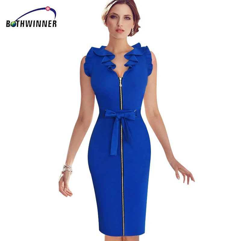 Синее облегающее платье-карандаш с оборками и бантом на молнии | Женская одежда