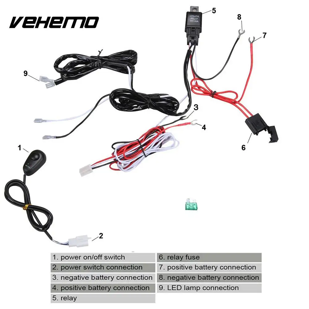 Vehemo подключение 2 LED Жгут проводов комплект реле предохранителя фара проводка