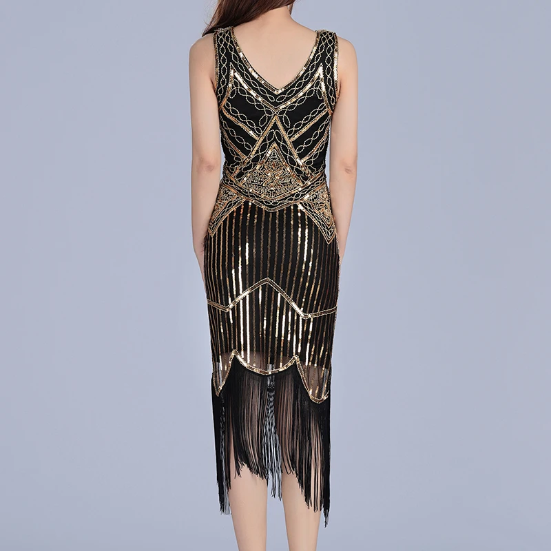 

Beateen 2019 New Arrivals Vestidos V Neck Sleeveless Hollow Out Elegant Beating Sequined Fringe Hemline Women Party Midi Dress