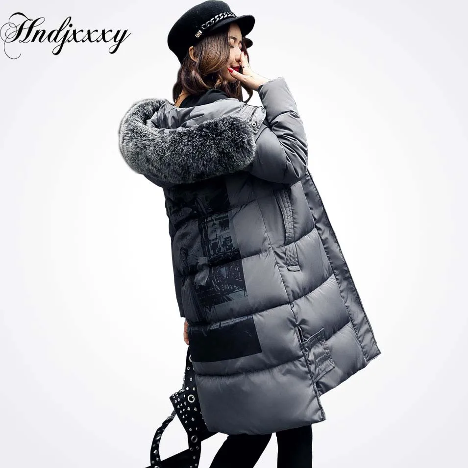 Hndjxxxy Winter Jacket Women 2018 Large Fur Back Print Pattern Coat Casual Outwear | Женская одежда
