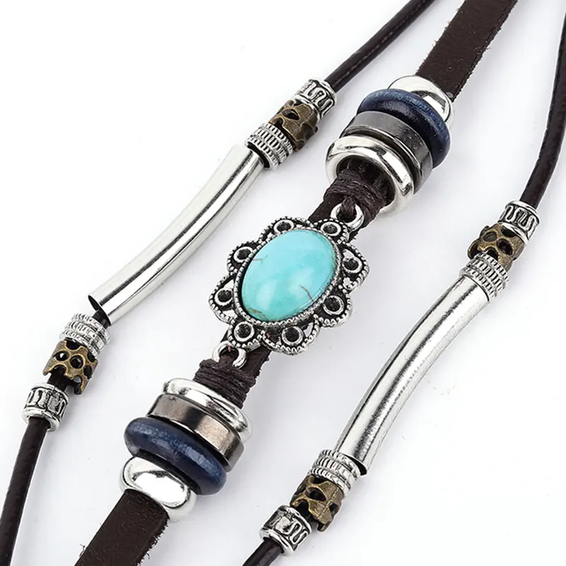 New 3PC/Set Bohemian Punk Men Leather Bracelet Blue Crystal Wrap Wristband Charm Bangle Wholesale pulseira Fashion Jewelry | Украшения и