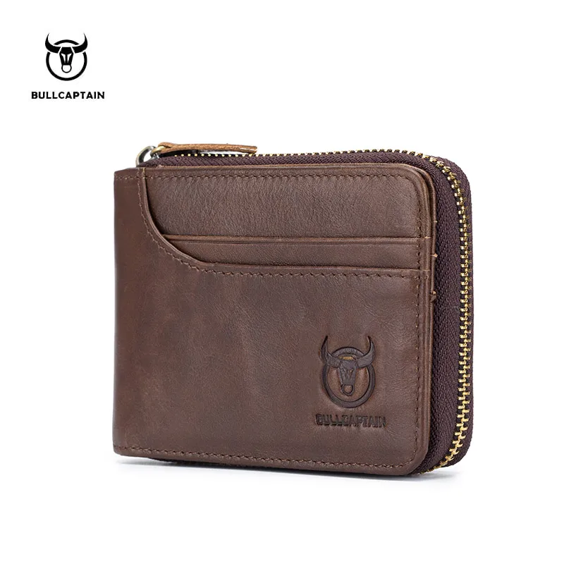 

Bullcaptain Men Short Wallet Cowhide Coin Purse Designer Genuine Leather Clutch Zipper Male Money Bags Card Holder JYB002
