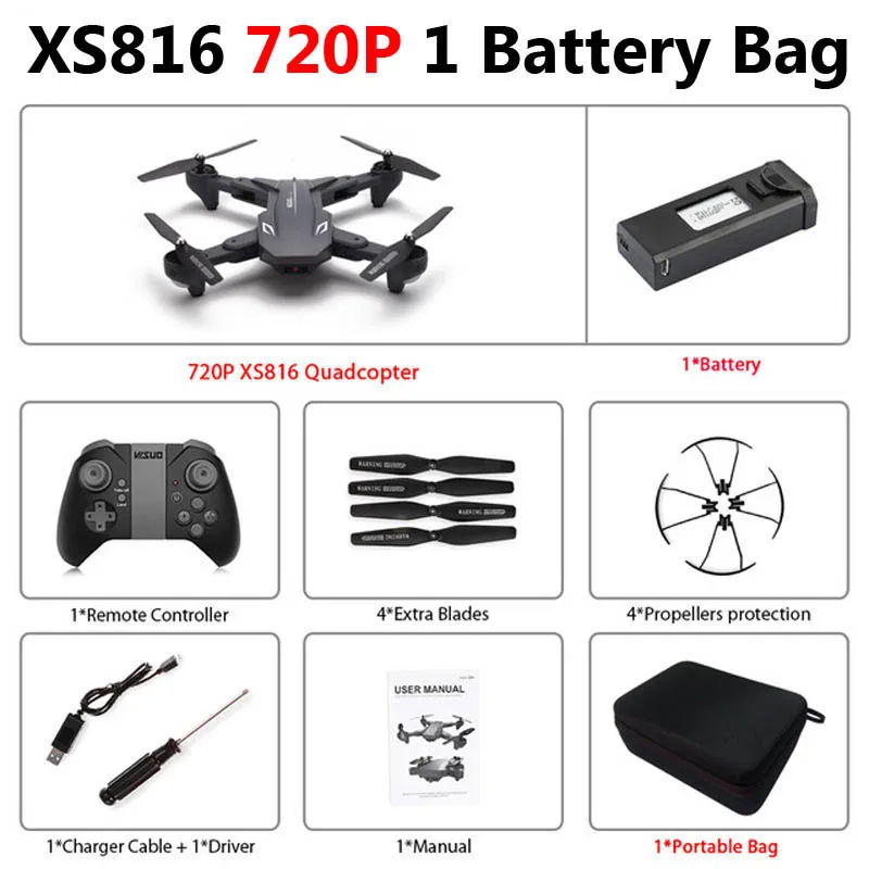 Visuo XS816 складной Дрон с двойной камерой 4K WiFi FPV селфи широкоугольный оптический поток позиционирования RC Квадрокоптер вертолет игрушки - Цвет: 720P 1 Battery Bag