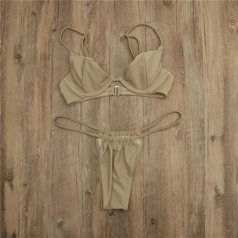 Женский купальник-бикини однотонный купальник на косточках с пуш-ап купальный