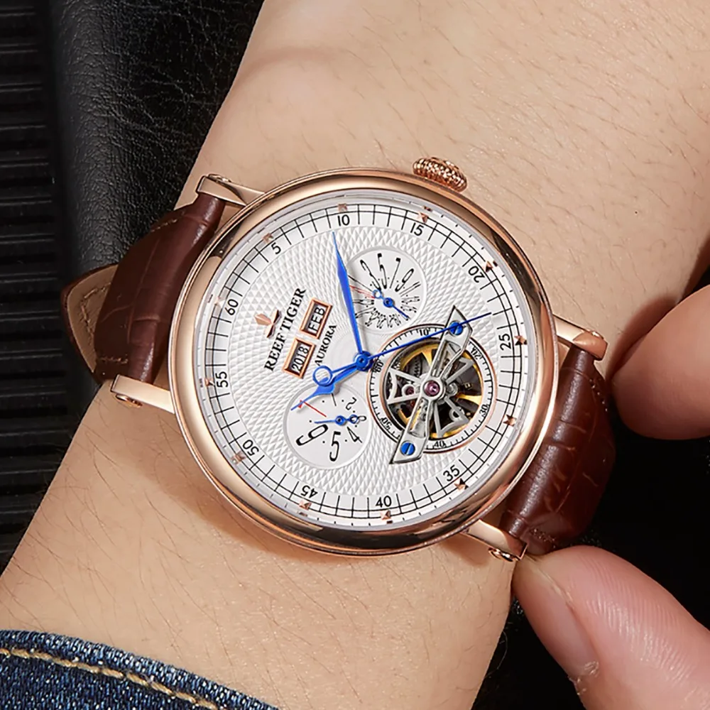 Мужские наручные часы Reef Tiger RGA1903 автоматические механические с кожаным ремешком