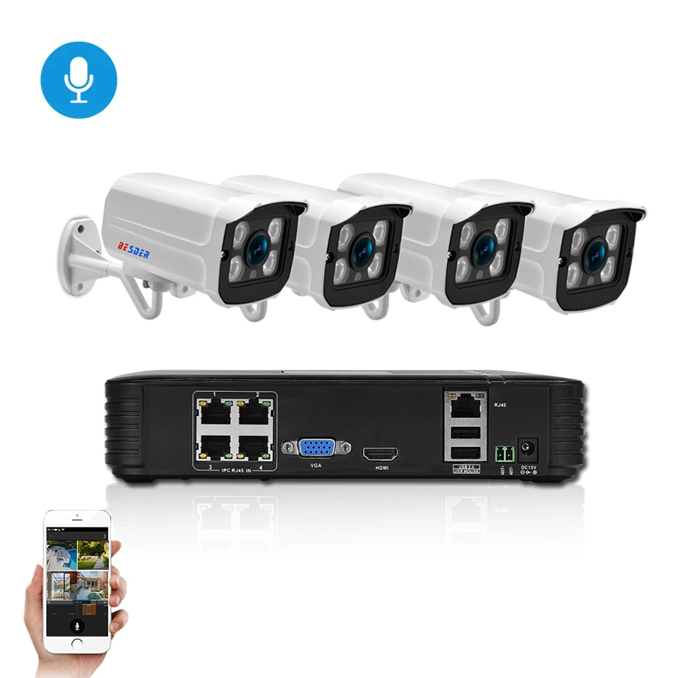 Besder аудио 1080P CCTV система безопасности Внутренняя/внешняя ip камера 4CH POE15V NVR