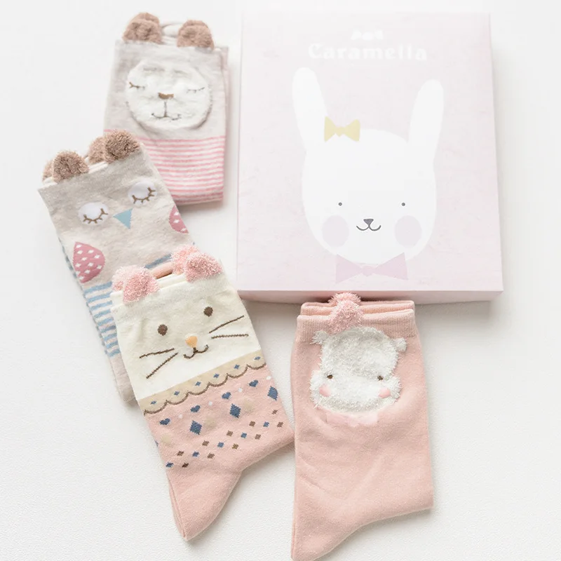 4 пары Caramella хлопок для женщин/для мужчин весна рисунок на тему осени Kawaii экипажа