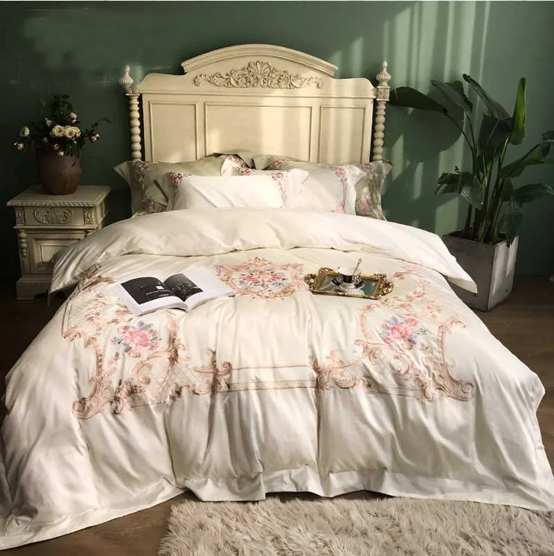 

luxury Embroidered 120S Egyptian cotton Royal Bedding sets Queen King White Wedding Duvet cover Bed sheet set Pillowcases 4pcs