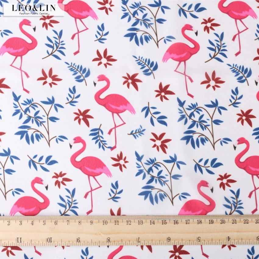Шифоновая ткань LEO &amp LIN с синими листьями белыми ветрами красными фламинго