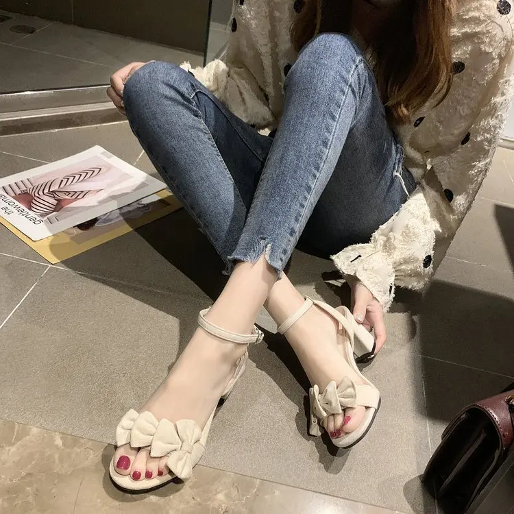 double bowtie flock sandals women thick high heels summer shoes narrow band ankle strap gladiator sandalias party y1011 | Обувь