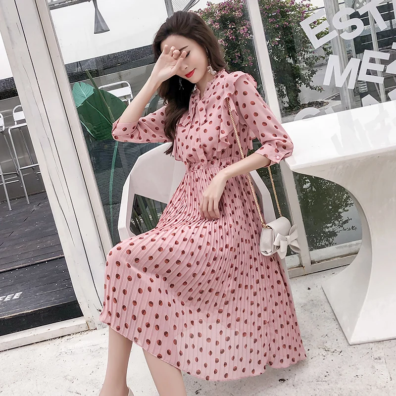 Винтажное шифоновое платье для женщин весна лето 2019 модное с оборками и бантом