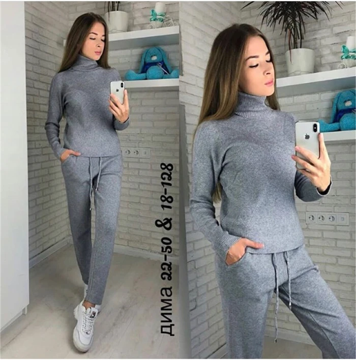 

2020 Rushed Autumn Hot Woman Knit Suit Fashion Turtleneck Sweater Trousers Two-piece Female Pullover Gray, And Casual Full
