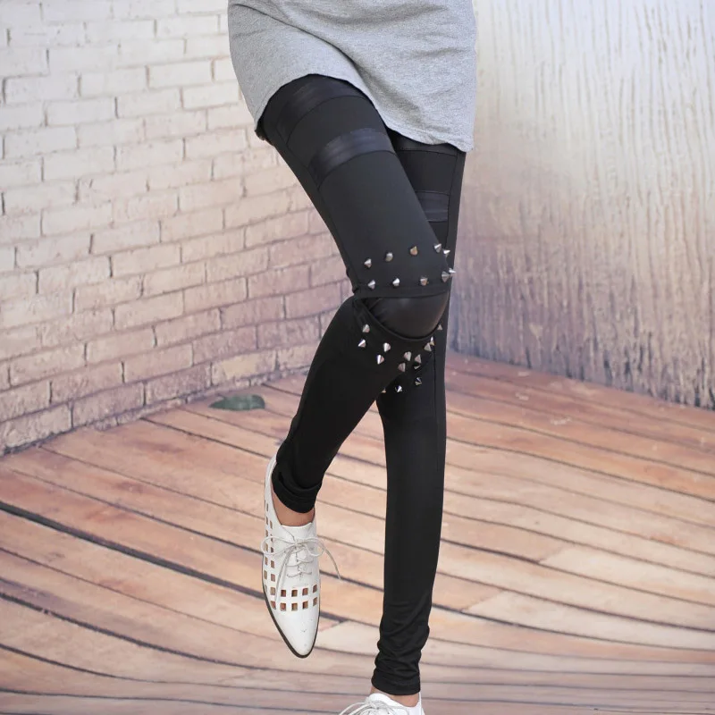 2017 Модные женские леггинсы в стиле панк из искусственной кожи с заклепками|calzas