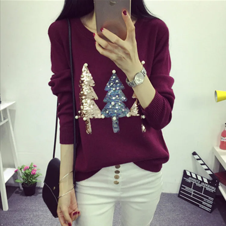 Winter Christmas Sweater Women Pullover New Hot Fashion O-neck Sequined Tree Long Sleeve Knit Pullovers Sweaters | Женская одежда