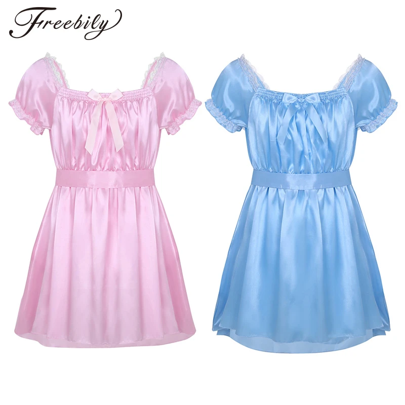 Мужские сексуальные костюмы Sissy Babydoll Lingerie Shiny Soft Satin Crossdress Платье с кушаком