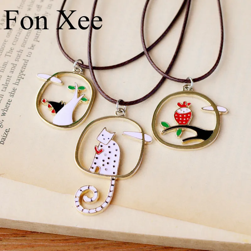 Fon XEE девушки милые белые кошки в черный горошек Wold сова кулон ожерелье эмаль