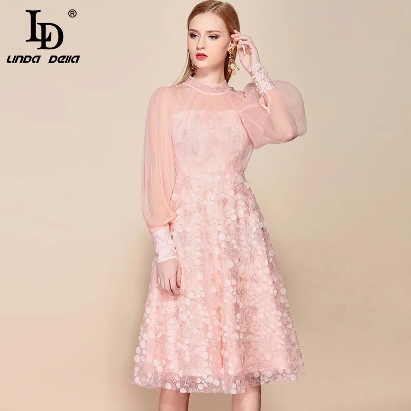 Розовый LD LINDA Делла, Осеннее модное подиумное элегантное платье, женское платье с длинным рукавом, с блестками, с вышивкой, миди, розовые сетчатые вечерние платья - Цвет: Розовый