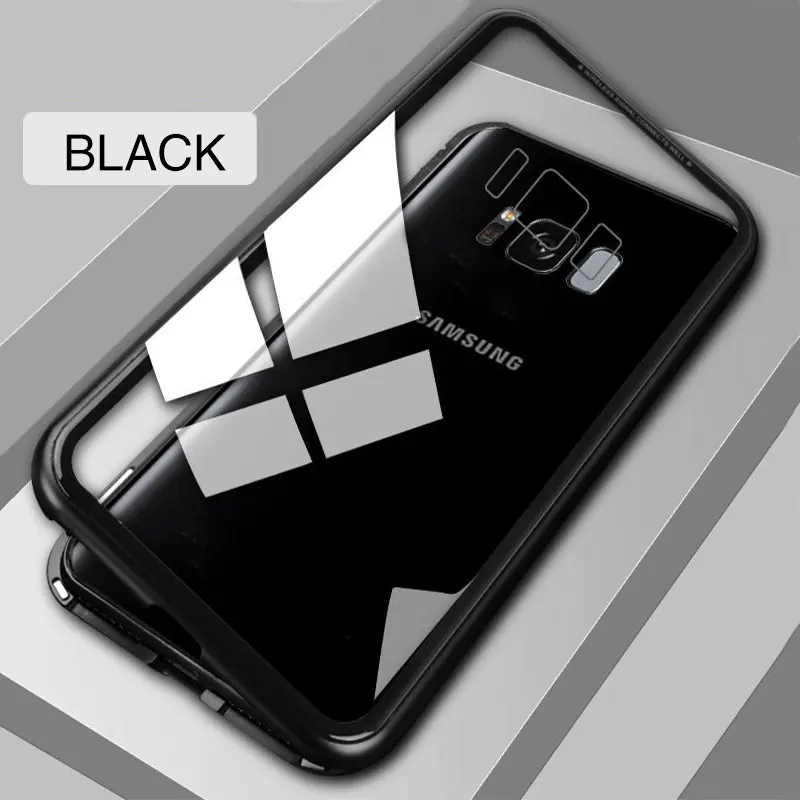 Металлический чехол с магнитной адсорбцией для samsung Galaxy S10e S8 S9 Plus A50 A30 A20 A10 Note 8 9 чехол из закаленного стекла на магните - Цвет: Black