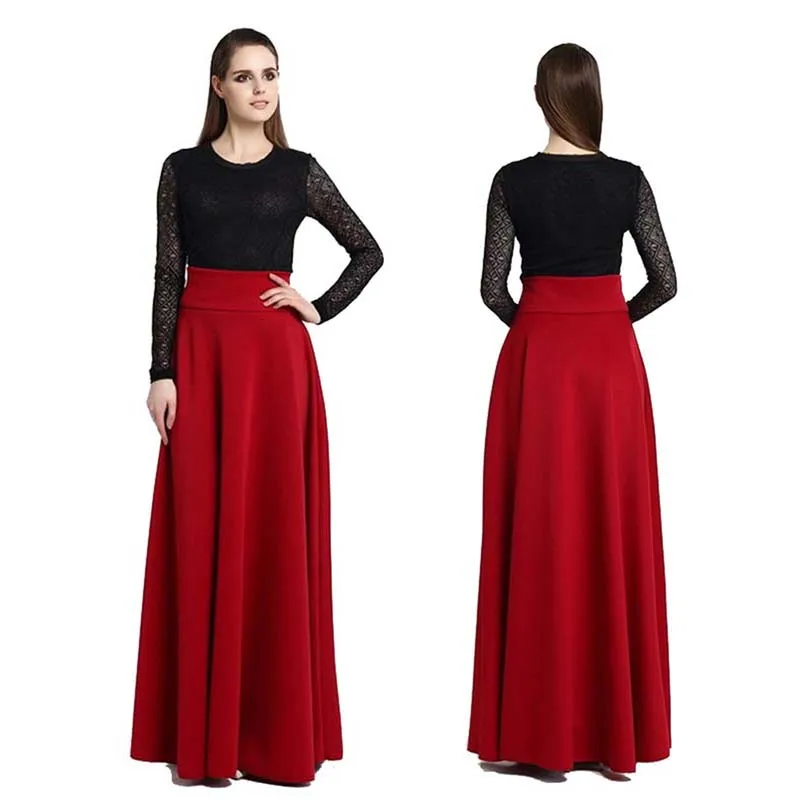 S, m, l, 5XL, высокая талия, плиссированная, элегантная юбка, ампир, сплошной цвет, женские длинные юбки размера плюс, для девушек, трапециевидная юбка, винно-красный, черный, синий