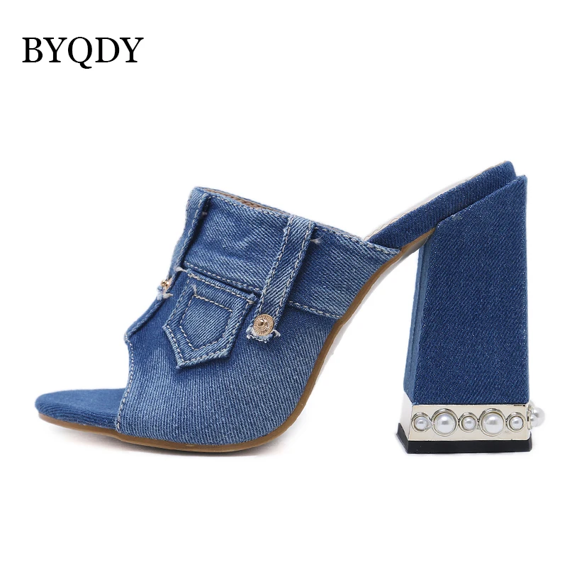 BYQDY/Модные женские босоножки из джинсовой ткани черного и синего цвета
