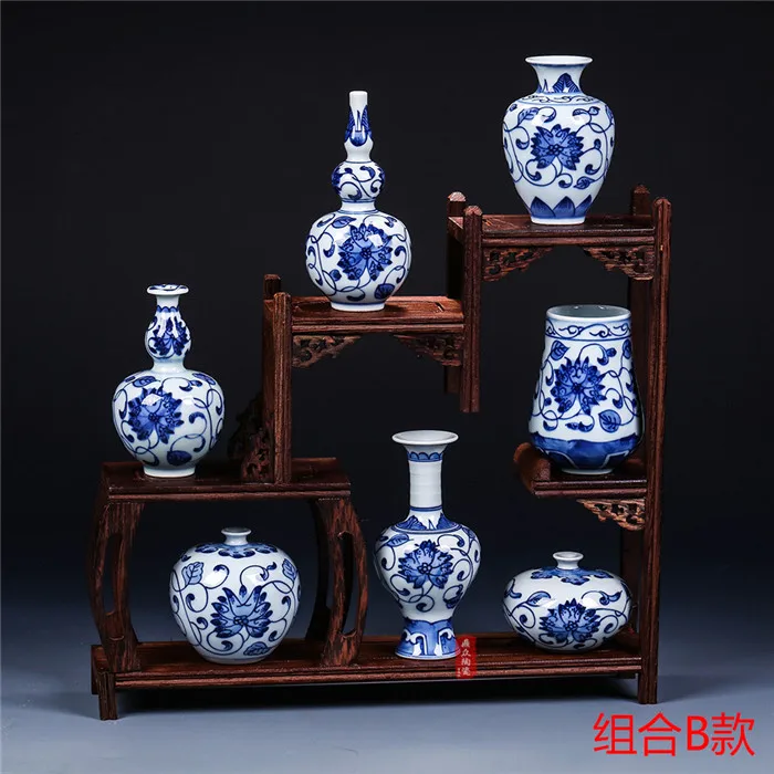 vase and shelf set Античная Цзиндэчжэнь ручная роспись синий и белый фарфор вазы творческая небольшая Цветочная ваза ручной работы домашнего интерьера atikles - Цвет: vase and shelf set