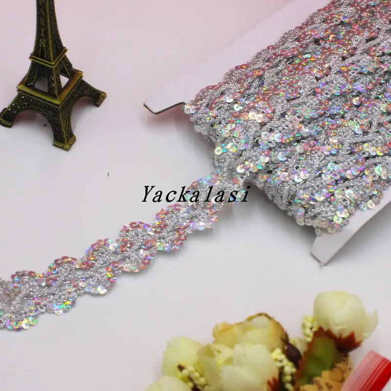 Silver YACKALASI, расшитая блестками плетеная лента, Кружевная аппликация, лазер, золотой, серебряный цветок, одежда для шитья, аксессуары, 2,6 см, 13 ярдов/партия - Цвет: Silver
