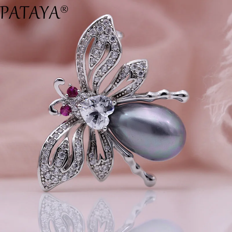 PATAYA, Новые Броши в виде животных для женщин, модные, милые, изысканные свадебные украшения, белое золото, натуральный циркон, ракушка, жемчуг, воротничок, булавки