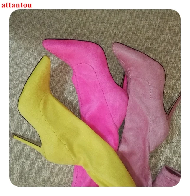 

Candy Color elastic woman's long boots pink yellow purple suede sweet over-the-knee boot pointed toe female shoe Plus Size 43 44