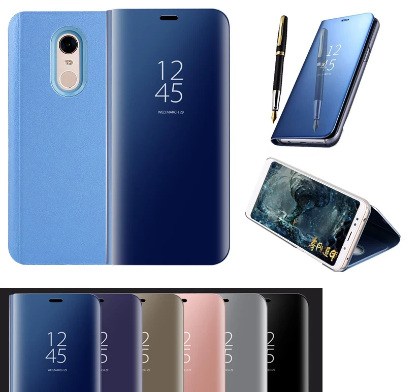 Зеркало смарт чехол из кожи с окошком подставкой флип для Xiaomi POCO F1 8 8E 6X6 MIX2 Redmi 5 5Plus