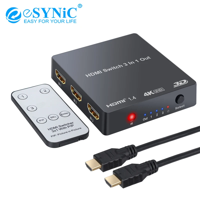 ESYNiC 3x1 HDMI-совместимый коммутатор 4K 2160P с ИК-пультом дистанционного управления PIP