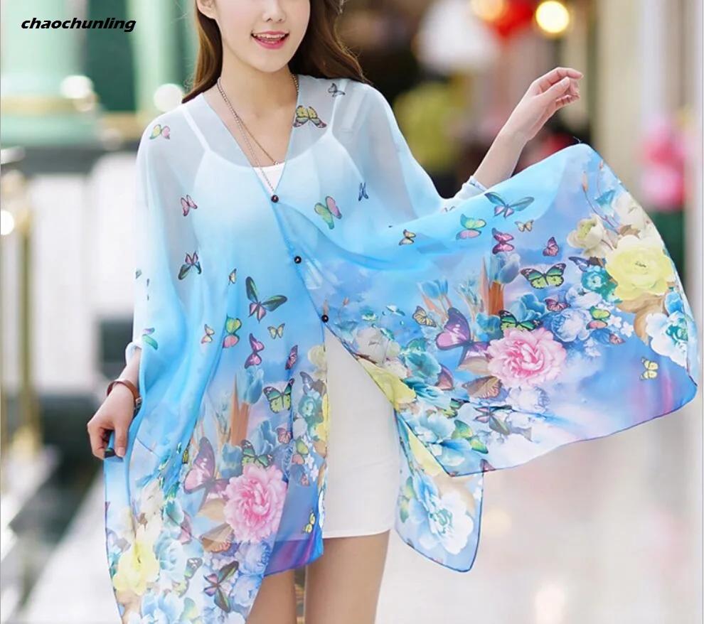 2017 пляжные шарф новый летний Для женщин длинные цветочные печати шифон пляж
