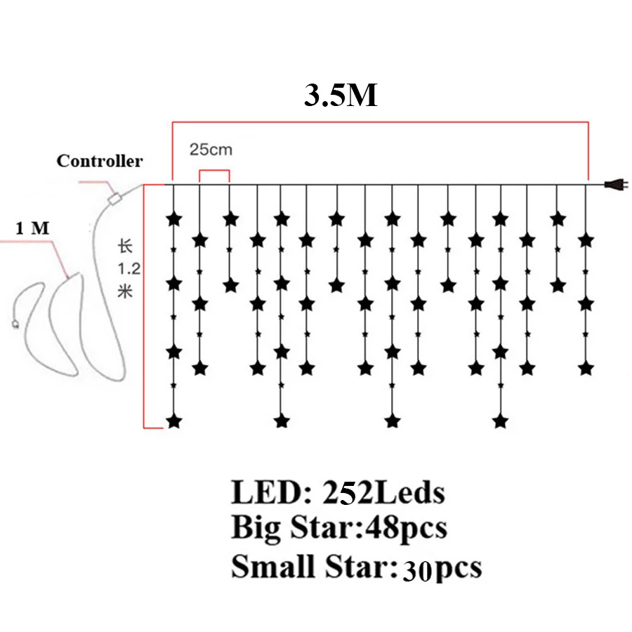 

Thrisdar 3.5M Romantic Star Curtain Window Led String Light Christmas Wedding Party Fairy Star Icicle Light 220v With EU Plug