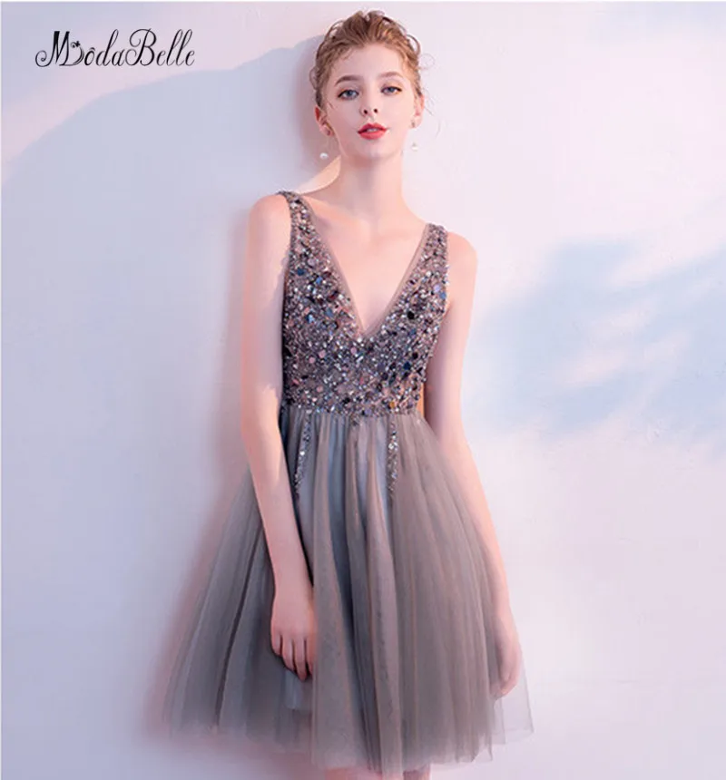 Robe Soiree Fille короткое серое платье с v образным вырезом для выпускного вечера 2018