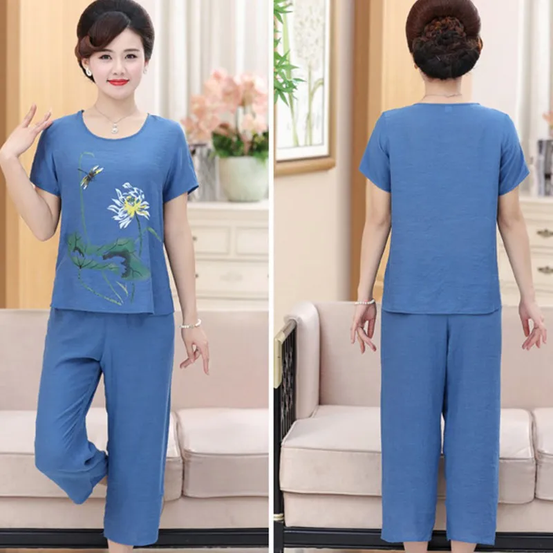 Женский хлопок и лен с принтом Свободная рубашка коротким рукавом широкие брюки