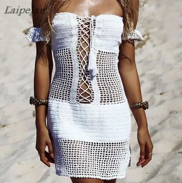 

Laipelar Wind Slim Sexy Hollow Knitting Beach Dress Slash Neck Women Handmade Summer Off Shoulder Lace Up Sundress