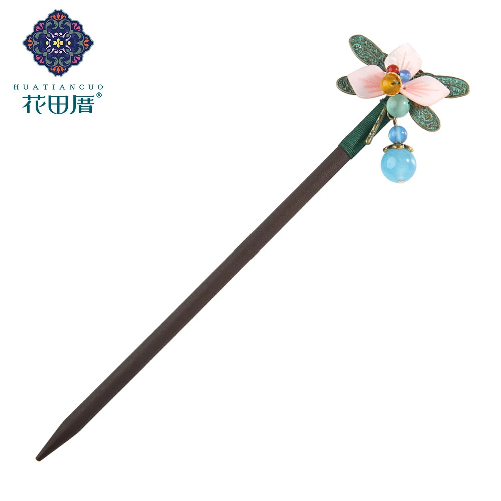 

Ethnic Handmade Pink Petals Flower Verdigris Dragonfly Wooden Hair Sticks with Stone Dangle Hairpin for Women Headpiece FZ-18034