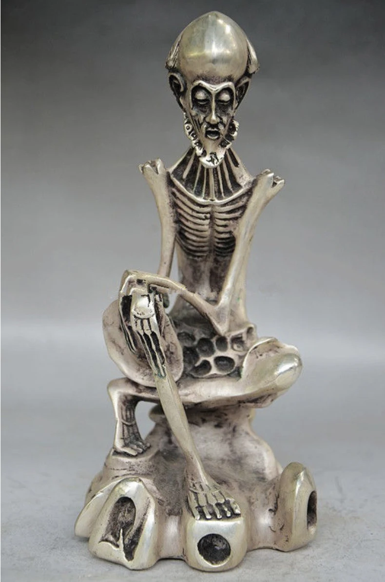 

8,4 'Коллекционная декоративная старинная ручная работа тибетская Серебряная резная статуя черепа Будды