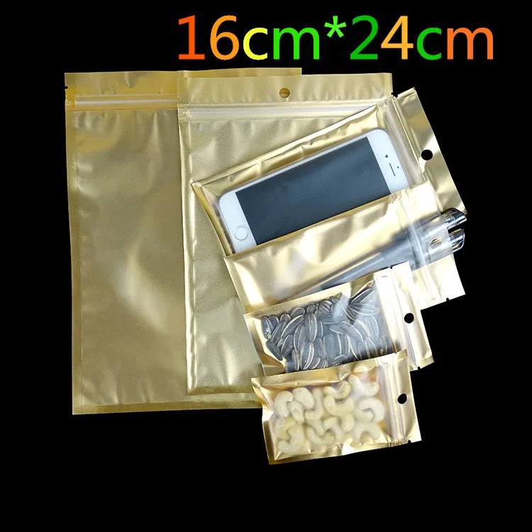 

16cm*24cm Golden / Clear Self Seal Zipper Plastic Retail Package Storage Bag, Zip Lock Bag Retail Packing W/ Hang Hole 16cm*24cm