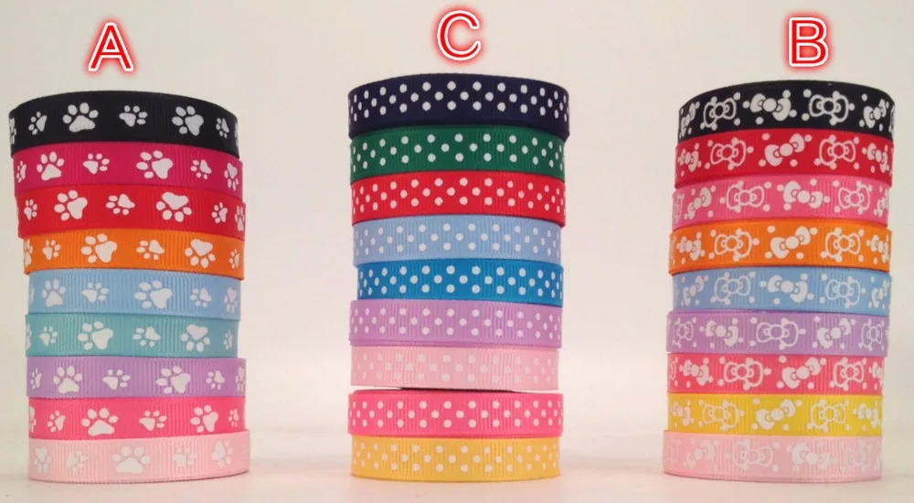 

NEW set pvc box 45yards mixed 9 style cute paw,bow and dots pattern printed Grosgrain Ribbon, each 5 yards hair tie DIY