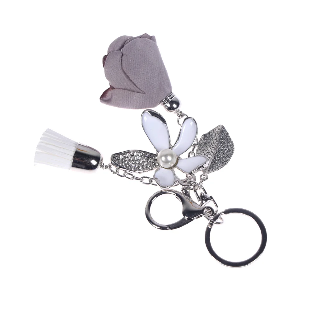 Тканевый цветок розы брелок кристалл кисточка автомобильный для ключей женское