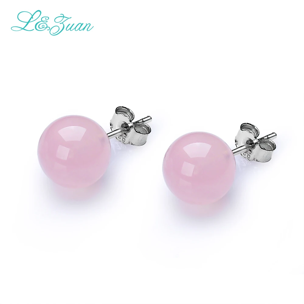 Женские серьги гвоздики из серебра 925 пробы с натуральным розовым кварцем