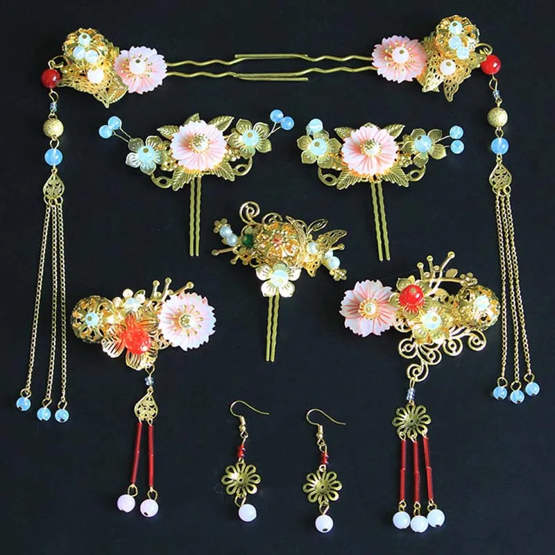 Chinese Gold Long Tassel Hair Stick Hairpins Phoenix Tiaras Earrings Handmade Flower Bridal Jewelry Sets Wedding Accessories LB
