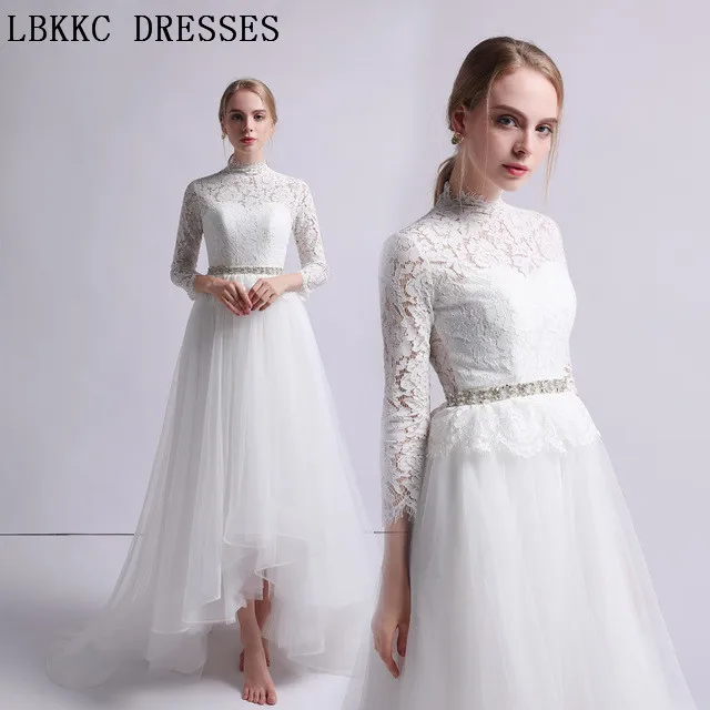 Кружевное свадебное платье с длинными рукавами Высокий Низкий Vestido De Noiva